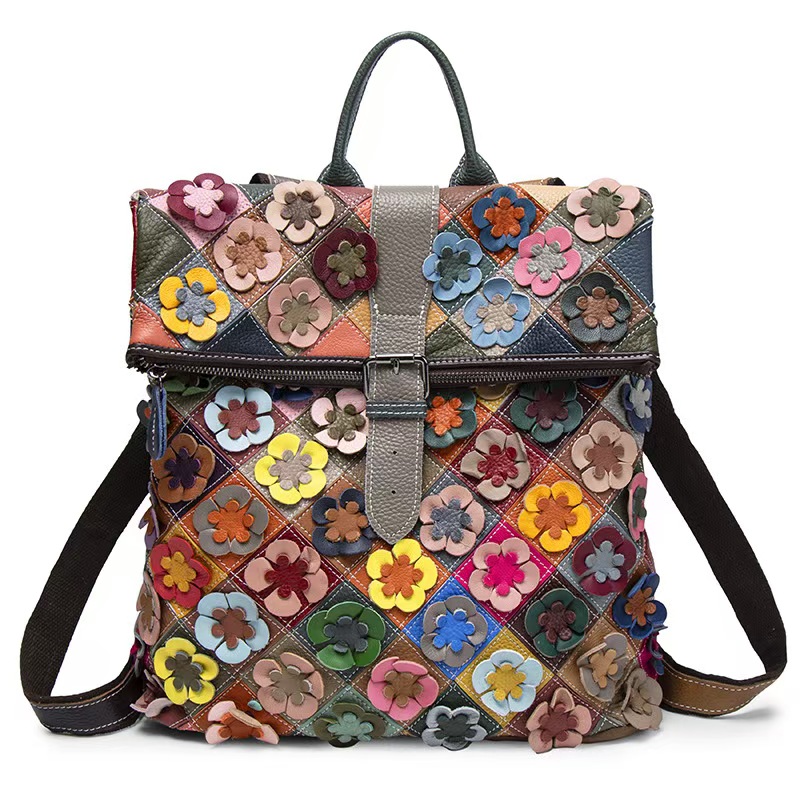 Fashion Backpack Women - กระเป๋าเป้สะพายหลังหนังแท้สไตล์วินเทจสำหรับผู้หญิง กระเป๋าหนังวัวแท้ลายดอกไม้ กระเป๋าสะพายไหล่แฟชั่นแบบเย็บปะติดปะต่อ กระเป๋าเดินทางหนังวัวสำหรับผู้หญิง