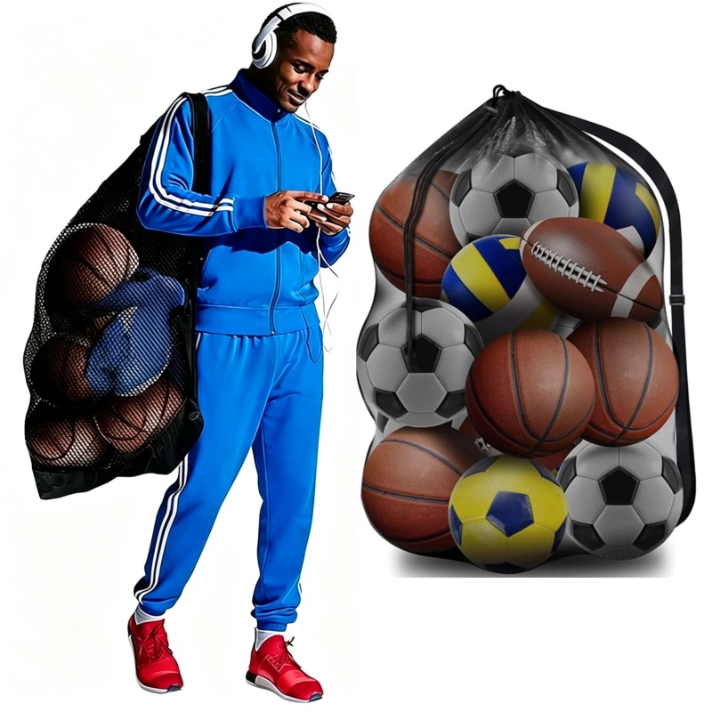 Drawstring Gym Bag - กระเป๋ากีฬาแบบพกพาความจุขนาดใหญ่ กระเป๋าตาข่ายแบบมีเชือกรูด กระเป๋าใส่ฟุตบอล บาสเก็ตบอล กระเป๋าสะพายไหล่ กระเป๋าออกกำลังกาย