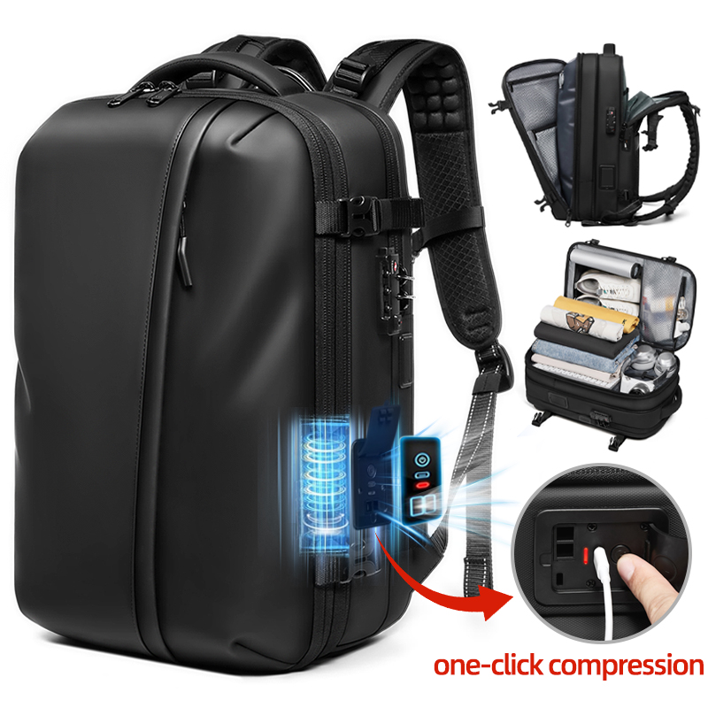 Travel Backpack Anti Theft - กระเป๋าเป้เดินทางสำหรับผู้ชาย พร้อมปั๊มสูญญากาศแบบกดปุ่มเดียว กระเป๋าเป้สำหรับใส่แล็ปท็อป 17 นิ้ว เหมาะสำหรับเดินป่า