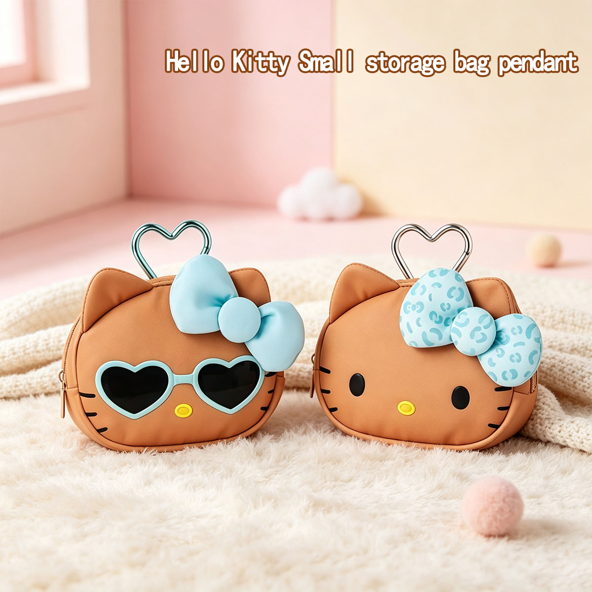 Mini Backpack Purse - กระเป๋าเก็บของขนาดเล็ก Hello Kitty สีน้ำตาลน่ารัก ลายเสือดาว พร้อมโบว์
