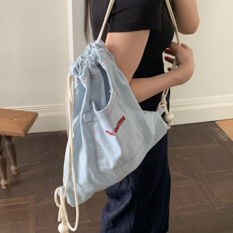 Canvas Backpack Casual - กระเป๋าถือผ้าแคนวาสแบบมีเชือกผูกสำหรับผู้หญิง สไตล์เกาหลี กระเป๋าสะพายไหล่แบบปรับเปลี่ยนได้ เป้สะพายหลังขนาดเล็กสำหรับสาวๆ กระเป๋าเดินทางแบบพกพาสบายๆ